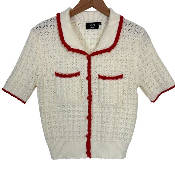 VICI Quiet Luxe Knit Cream Contrast Trim Cardigan Sweater Size Large - Picture 2 of 14